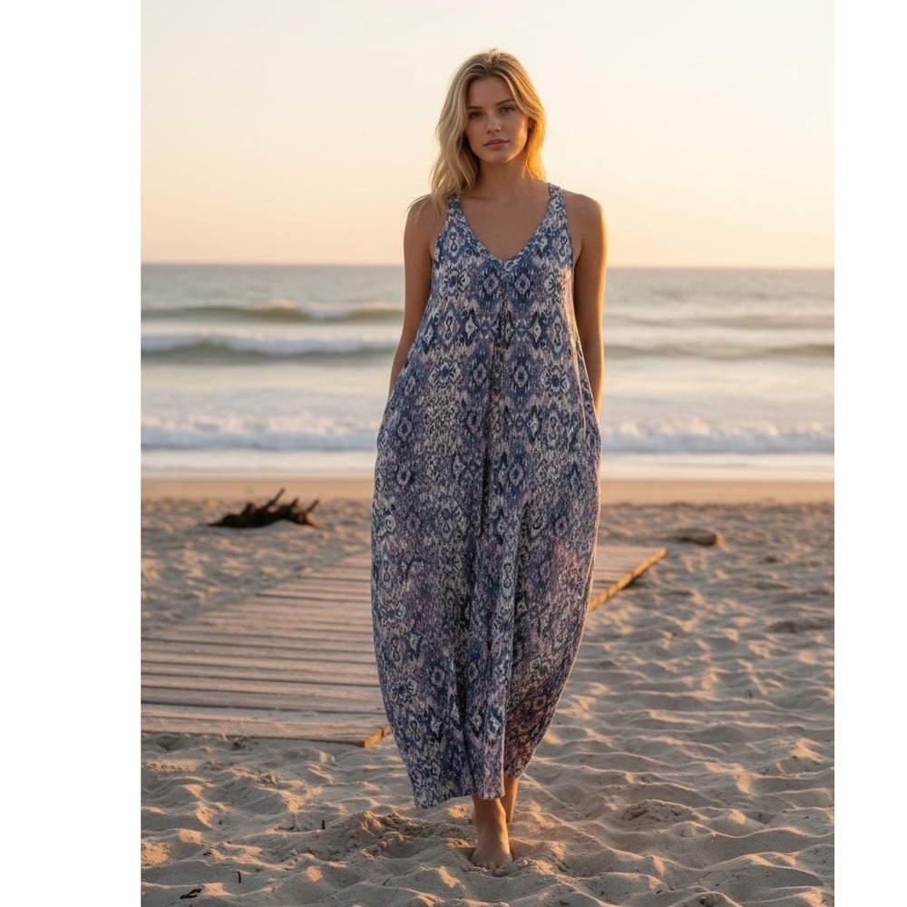 Lovestitch Maxi Dress sz S Blue Ikat oversized Racerback lagen look‎ beachy